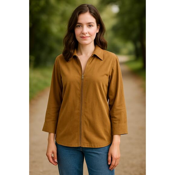 COLDWATER CREEK Tan Full Zip Collared Blouse Relaxed Neutral Minimalist Small - Picture 2 of 9